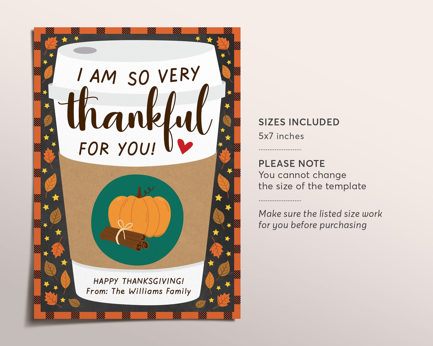 Thanksgiving Thankful For You Coffee Gift Card Holder Editable Template, Thanks a Pumpkin Latte Teacher Staff Appreciation Fall Holiday Card