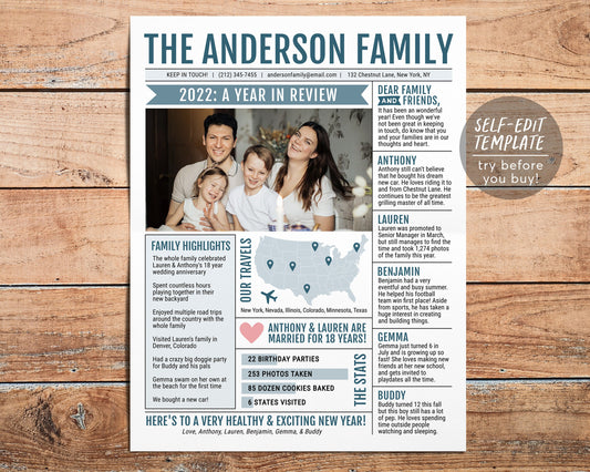 Year in Review Christmas Newsletter Editable Template, Year at a Glance Family Update, Infographic Holiday Xmas Card With Photo Printable