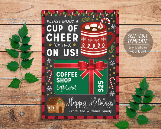 Christmas Hot Cocoa Card Holder Printable Editable Template, Coffee Holiday Thank You Gift For Teacher PTO PTA Staff Appreciation Employee