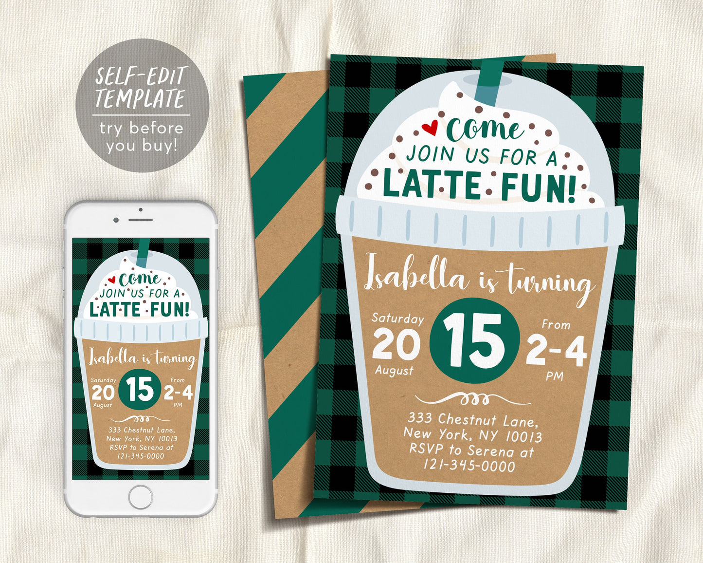 Coffee Birthday Invitation Editable Template, Latte Fun Invite, Cafe Frappe Digital Evite, Coffee Themed Party Unisex, Instant Download