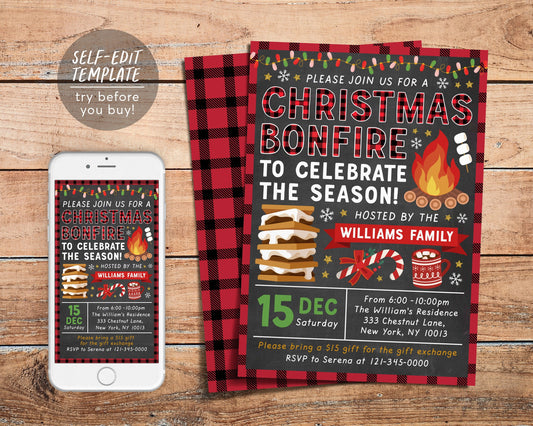 Christmas Bonfire Invitation Editable Template, Winter Xmas Campfire Smores Outdoor Party Invite, Rustic Flannel Holiday Evite Printable