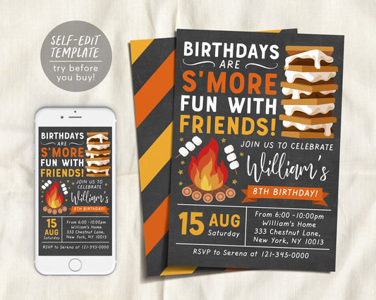 S'mores Birthday Invitation Editable Template, Birthdays Are Smores Fun With Friends Invite, Kids Campfire Bonfire Outdoor Party Rustic