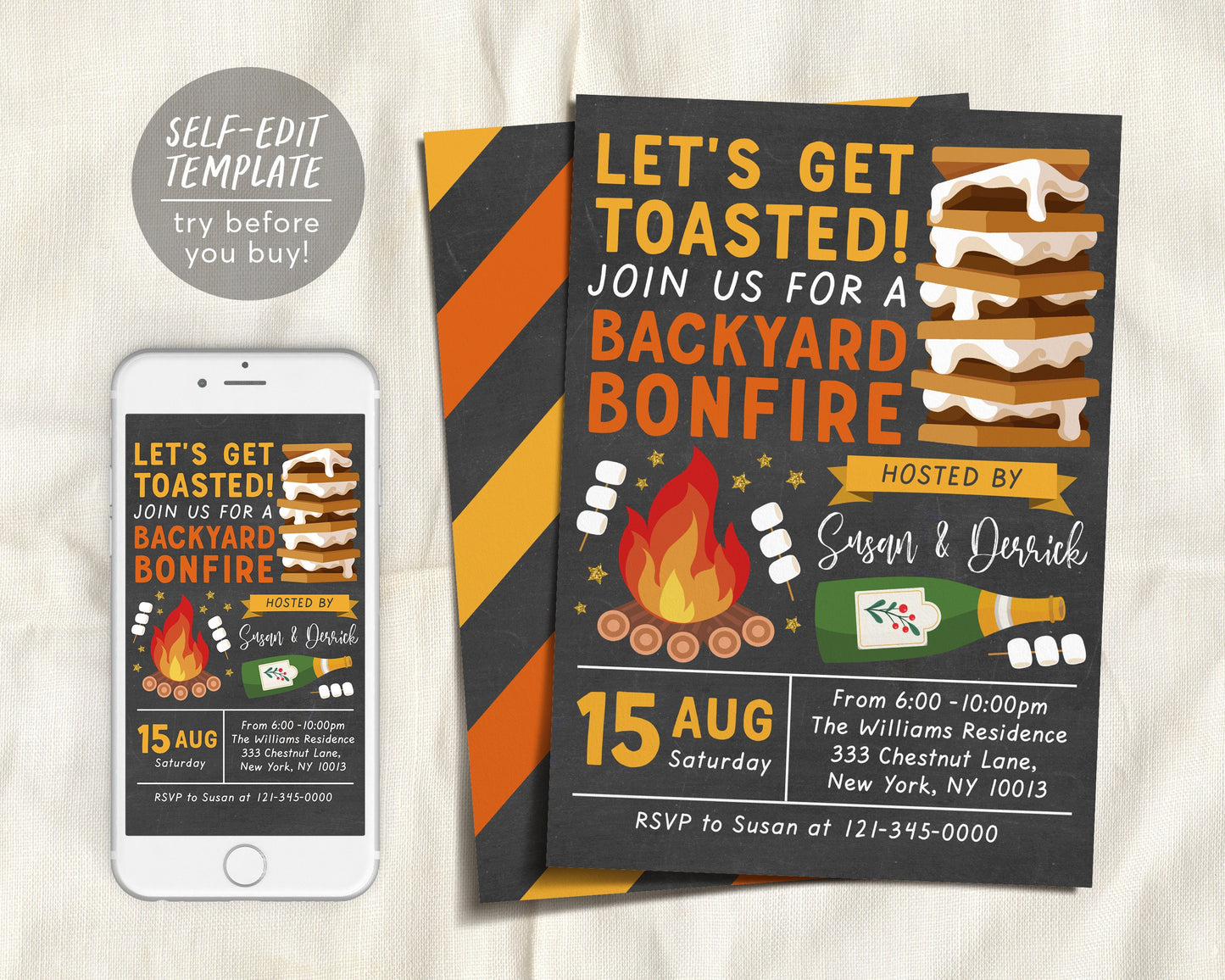 Let's Get Toasted Backyard Bonfire Invitation Editable Template, Fall Harvest Autumn S'mores Bonfire And Cocktails Party Invite Printable