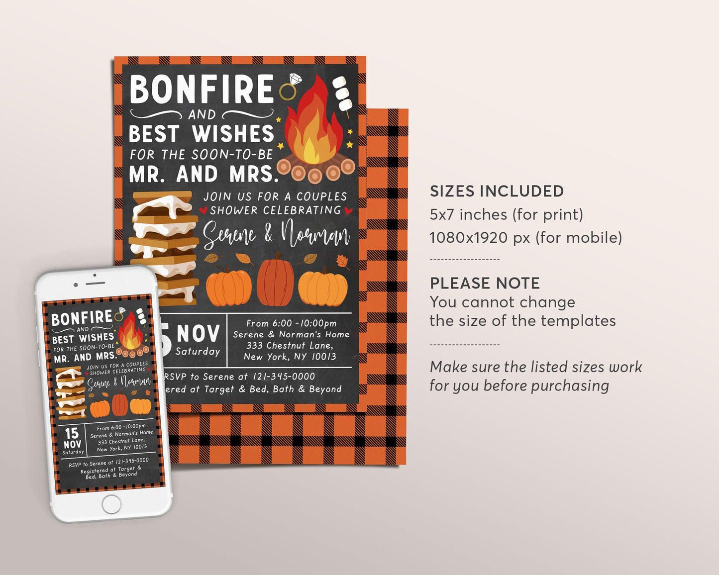 Fall Bonfire Couples Shower Invitation Editable Template, Autumn Smores Wedding Shower Engagement Party Campfire Outdoor Invite Printable
