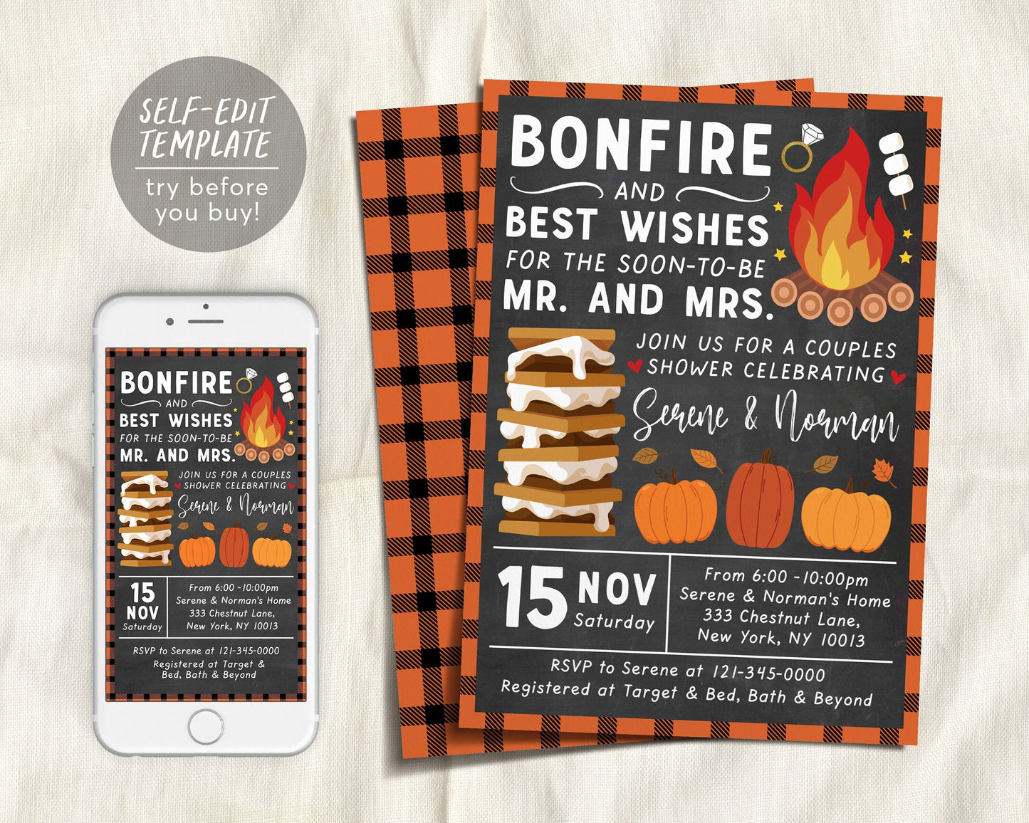 Fall Bonfire Couples Shower Invitation Editable Template, Autumn Smores Wedding Shower Engagement Party Campfire Outdoor Invite Printable