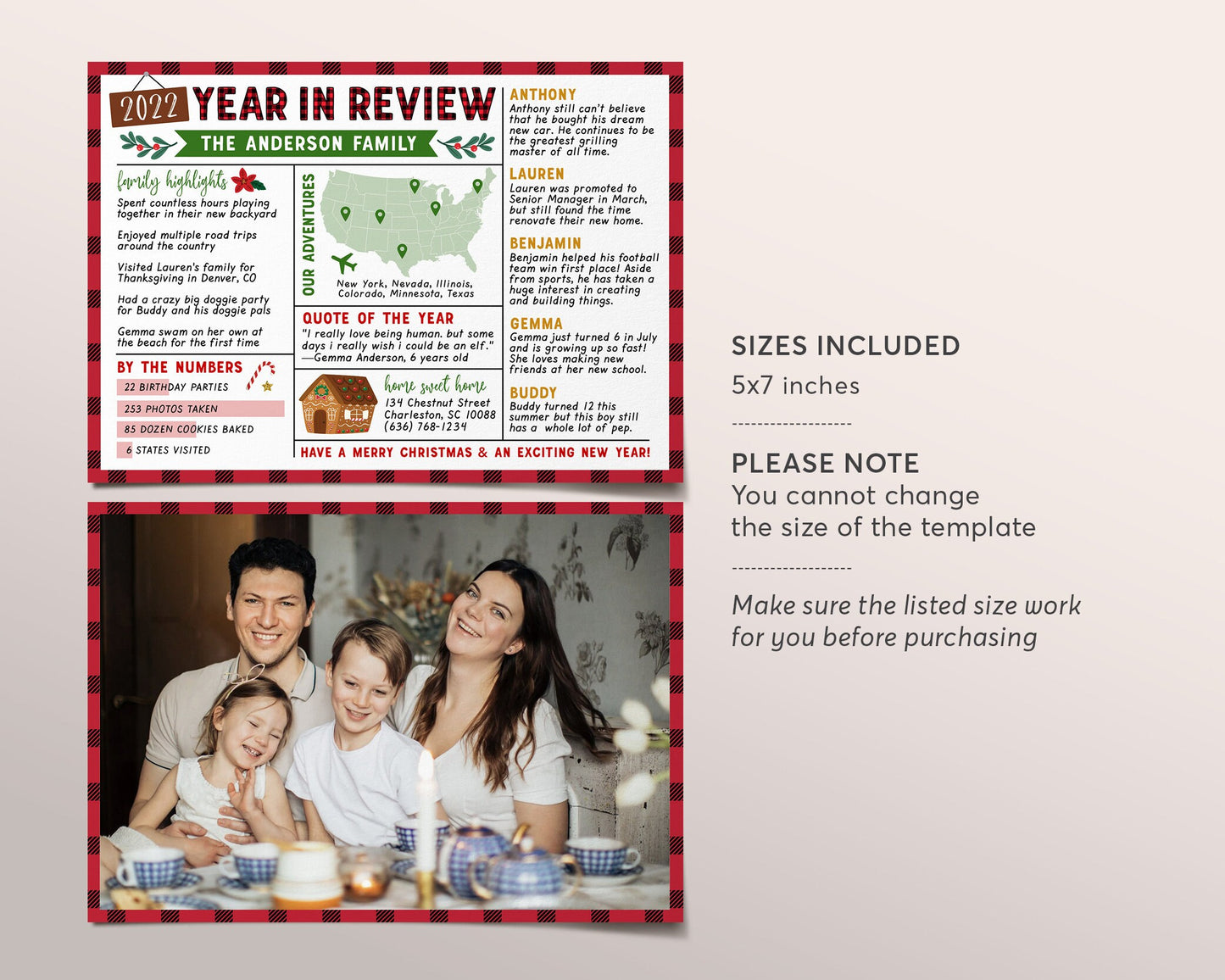 Infographic Year In Review Christmas Card Editable Template, Rustic New Year Card Photo Holiday Card, Year at a Glance Family Update