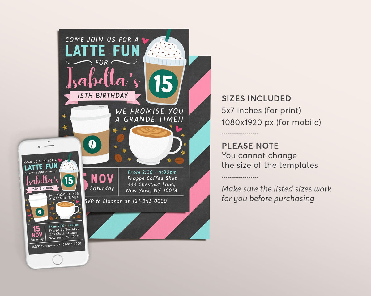 Coffee Birthday Invitation Editable Template, GIRL Latte Fun Invite, C ...