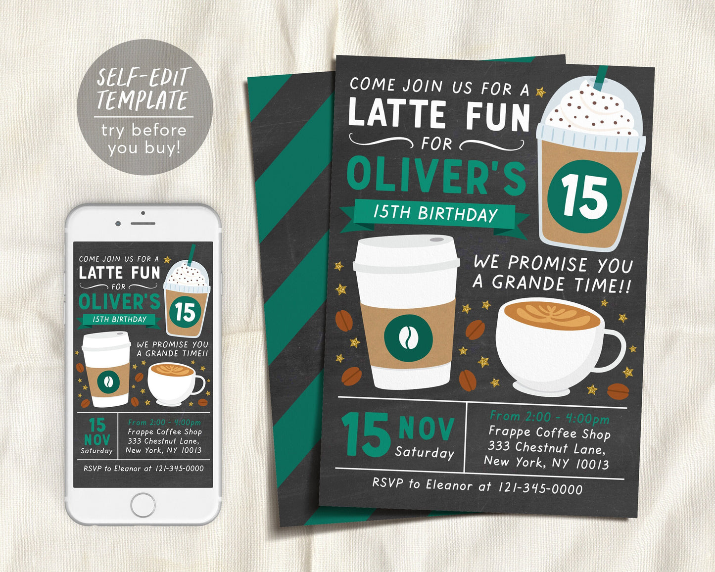 Coffee Birthday Invitation Editable Template, Unisex Boy Latte Fun Invite, Cafe Frappe Digital Evite, Latte Birthday Themed Party Printable