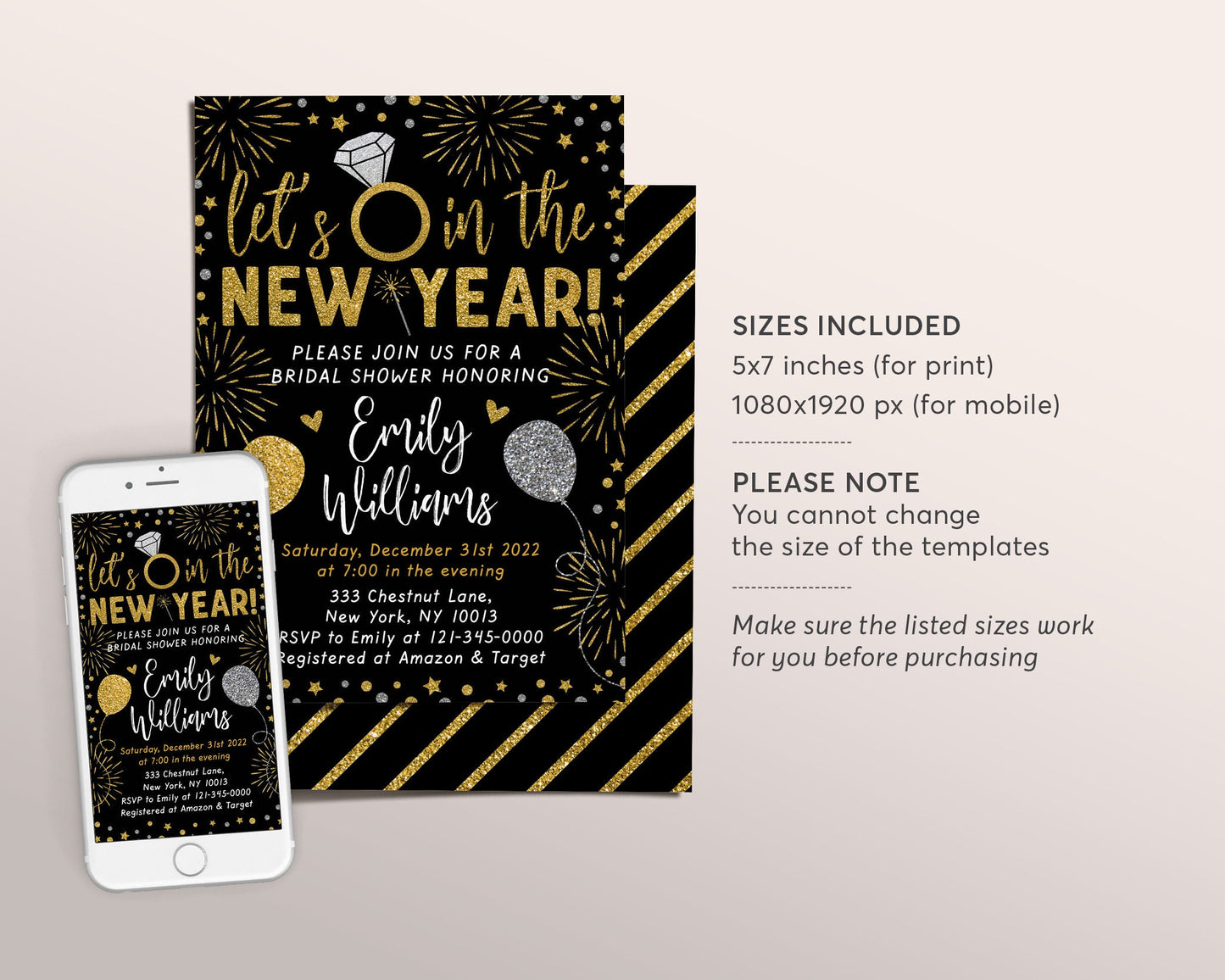 Ring in the New Year Bridal Shower Invitation Editable Template, Black and Gold Couples Wedding Shower Invite, New Years Engagement Party
