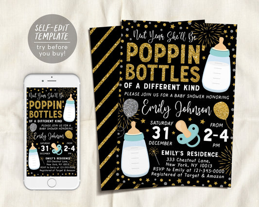New Years Baby Shower Invitation Editable Template, Poppin Bottles Holiday Party Invite, Baby Sprinkle, New Years December Gender Reveal