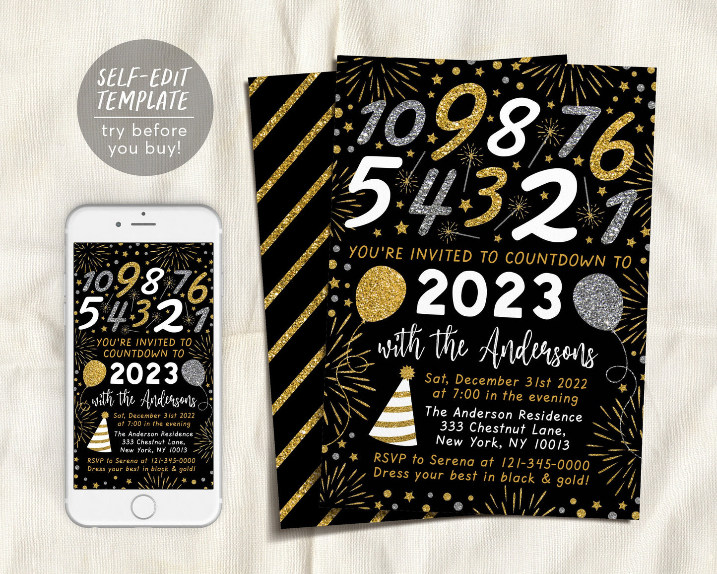 New Years Eve Countdown Party Invitation Editable Template, Adult NYE Holiday Party Invite Printable, Gold Glitter Black Cocktail Evite