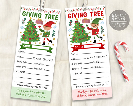 BOY and GIRL Elves Christmas Giving Tree Gift Tag Editable Template, Donation Slip With Elf Printable, Charity Community Event Church School