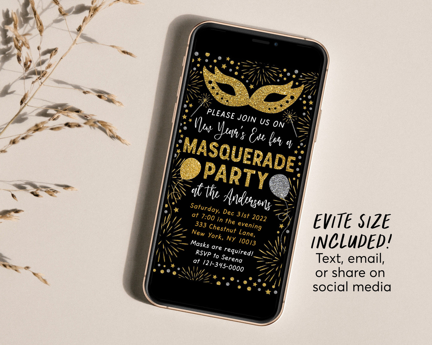 Masquerade Party Invitation Editable Template, New Years Eve Party Invite, Gold Mask Invite Printable For Adults, Masked Party Bash Evite