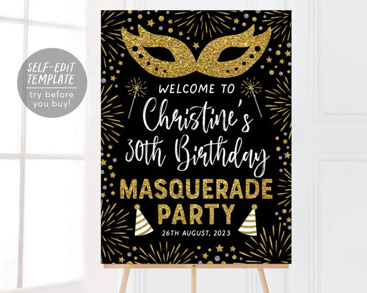 Masquerade Party Welcome Sign Editable Template, Black and Gold Masquerade Party Birthday Party Poster, Mask Printable Sign, Masked Ball