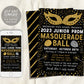 Prom Dance Masquerade Ball Invitation Editable Template, Masked Party Bash Evite, EDITABLE Prom Ticket, Gold Glitter Formal High School Gala