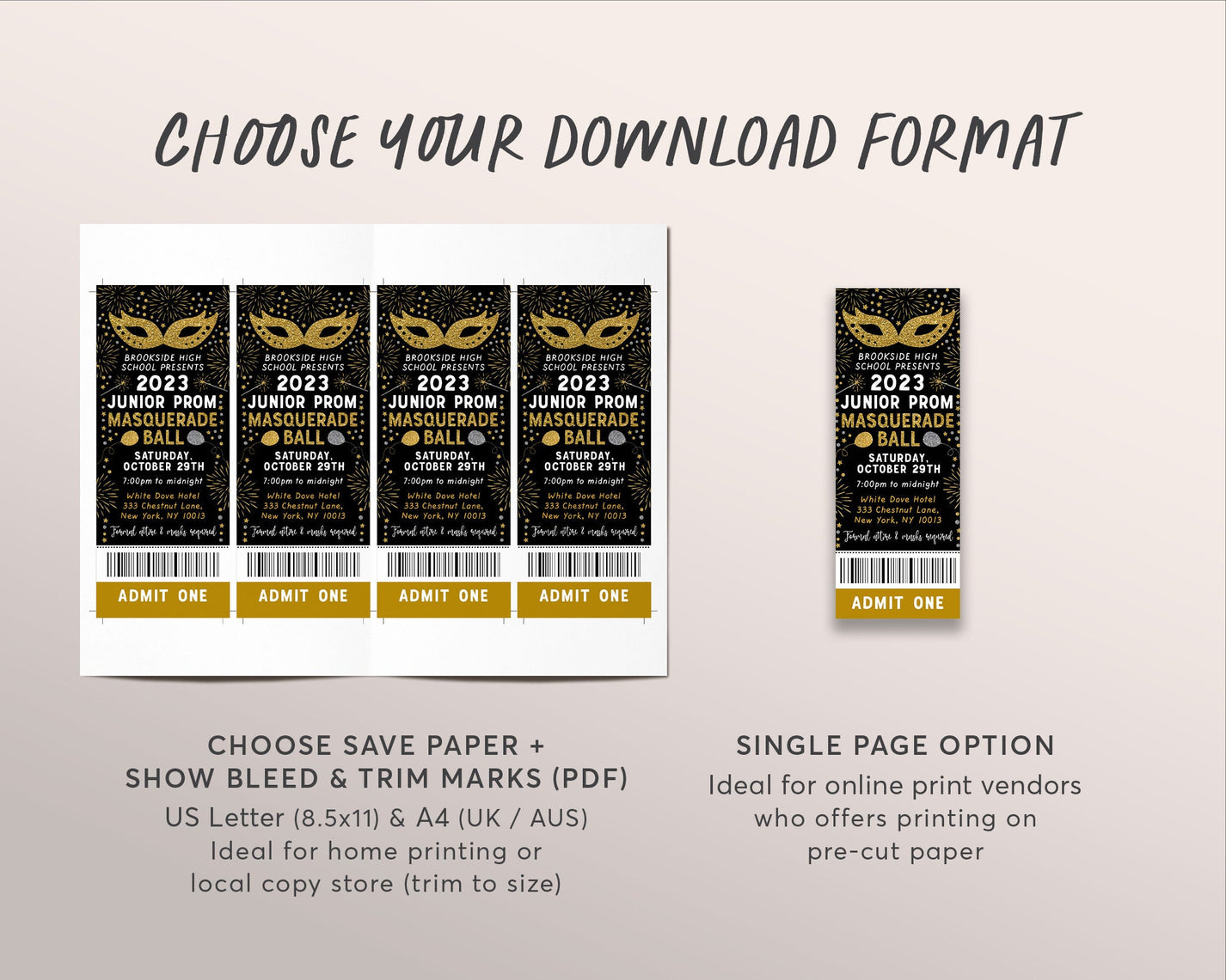 Masquerade Ball Ticket Prom Night Editable Template, Junior Senior Pro