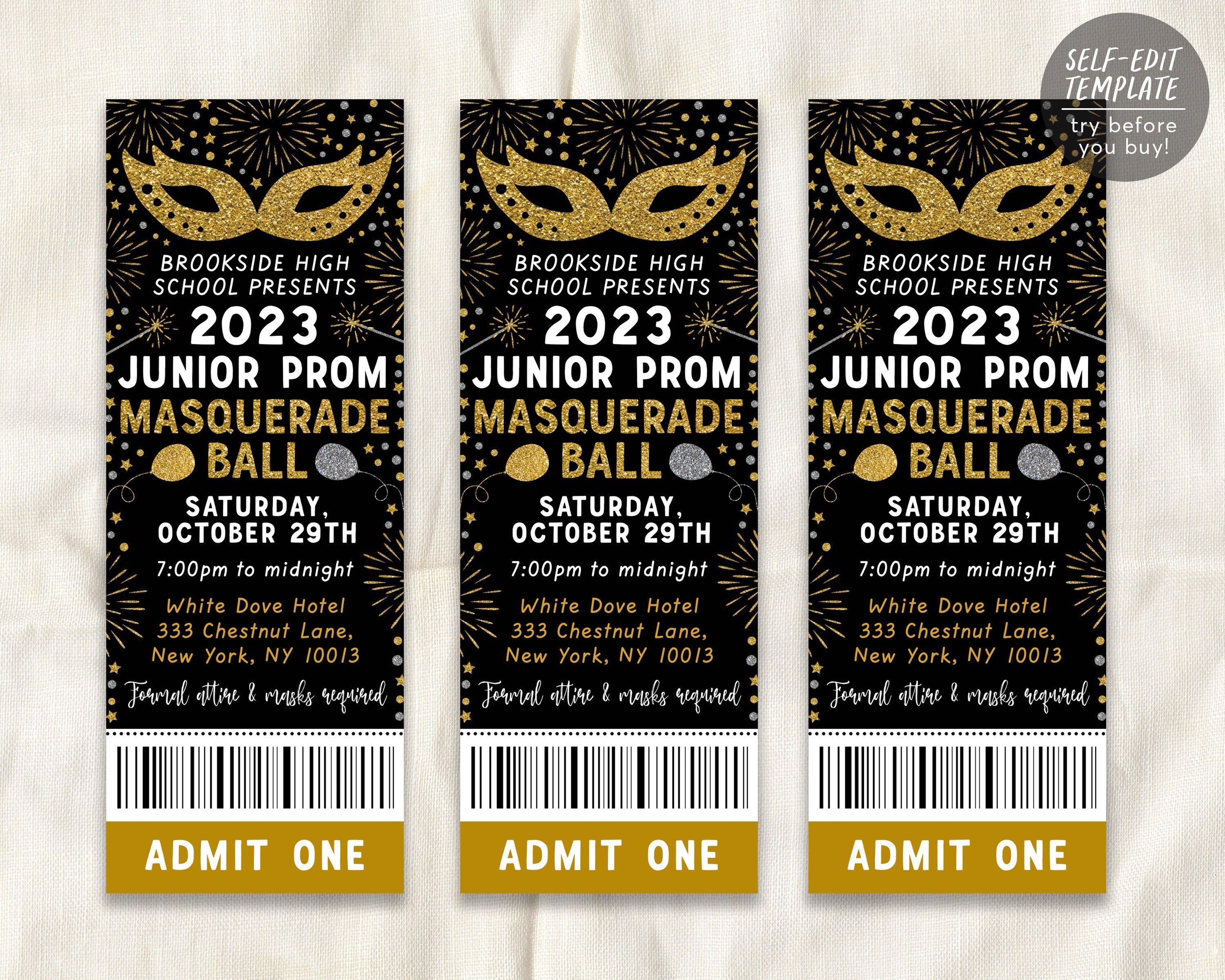 Masquerade Ball Ticket Prom Night Editable Template, Junior Senior Pro ...