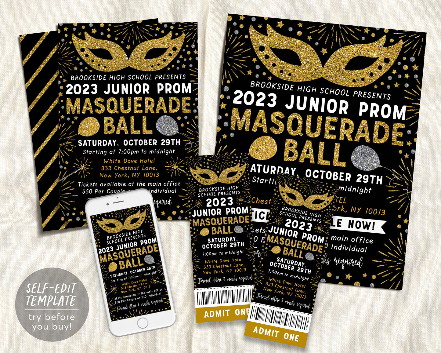 Masquerade Ball Prom BUNDLE Editable Template, Junior Senior Prom Flyer Invitation, High School Dance Night Gala Ticket, Formal Homecoming