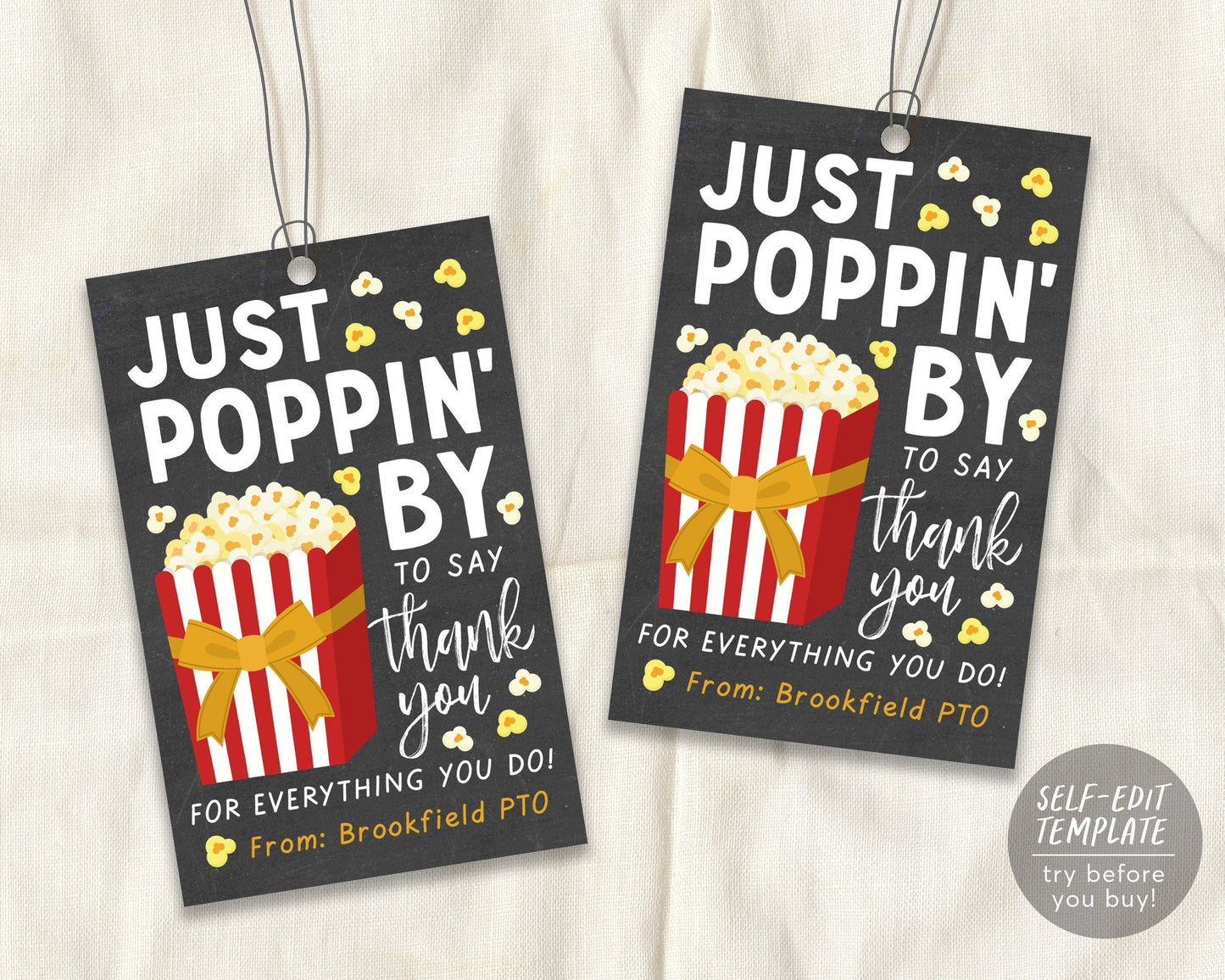 Popcorn Thank You Tags Editable Template, Gift Tag for Teachers Appreciation, Chalkboard Tags Printable, Volunteer Staff Thank You Label