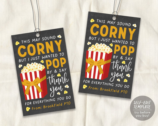 Popcorn Thank You Tags Editable Template, Gift Tag for Teachers Nurse Staff PTO PTA, Chalkboard Tags Printable, Volunteer Thank You Label