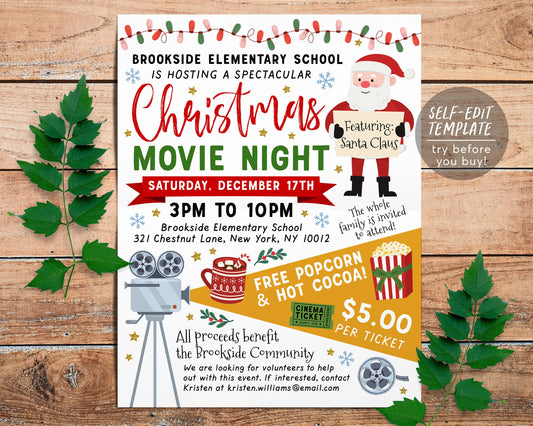 Christmas Movie Night Flyer Editable Template, Holiday Cinema Party Invite, Xmas Festival Event, Church Benefit School PTO PTA Fundraiser