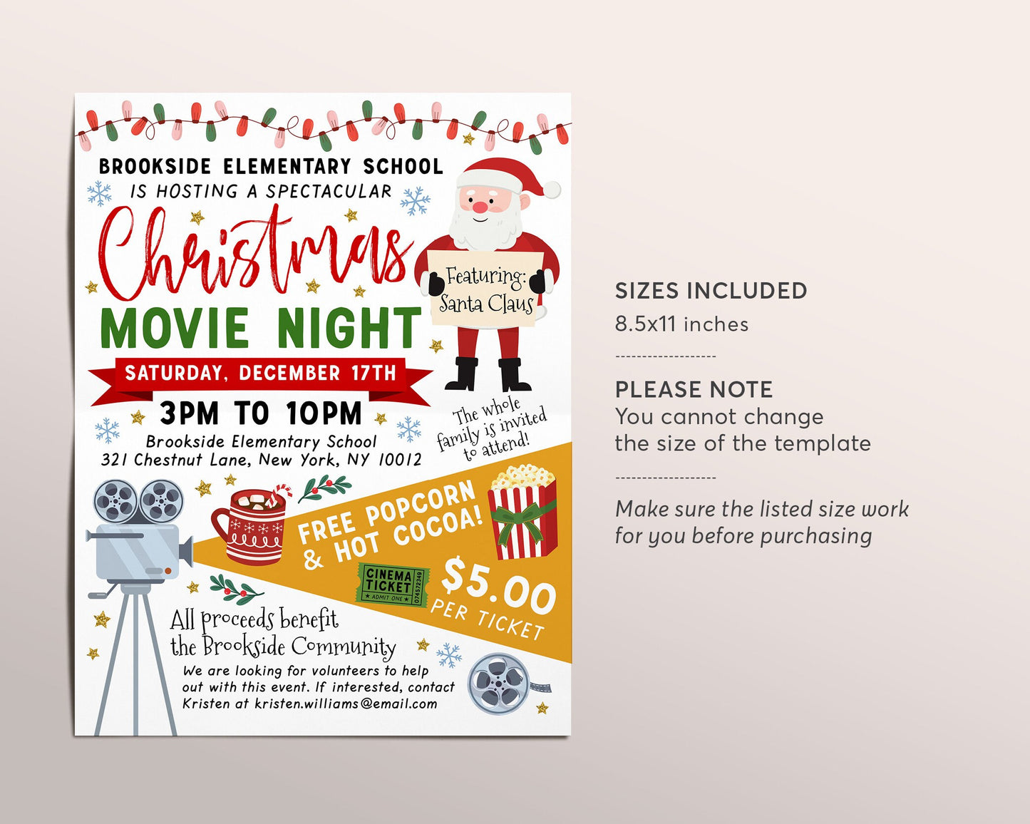 Christmas Movie Night Flyer Editable Template, Holiday Cinema Party Invite, Xmas Festival Event, Church Benefit School PTO PTA Fundraiser