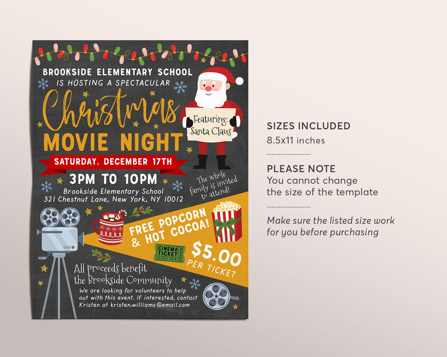 Christmas Movie Night Flyer Editable Template, Holiday Cinema Party Invite, Xmas Festival Community Event, Church School PTO PTA Fundraiser