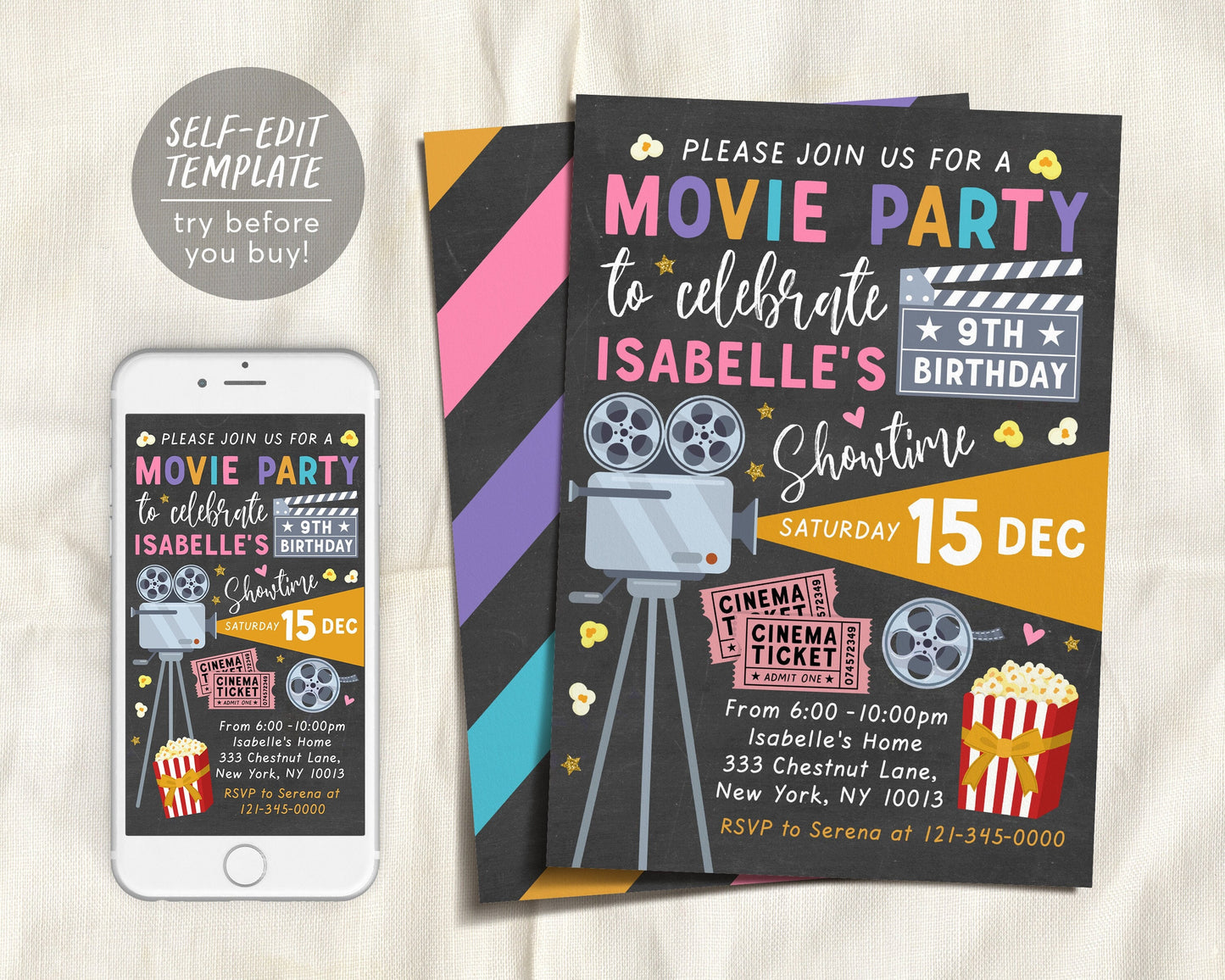 Movie Night GIRL Birthday Invitation Editable Template, Cinema Hollywood Movie Theater Party Invite, Kids Backyard Outdoor Movie Party Evite
