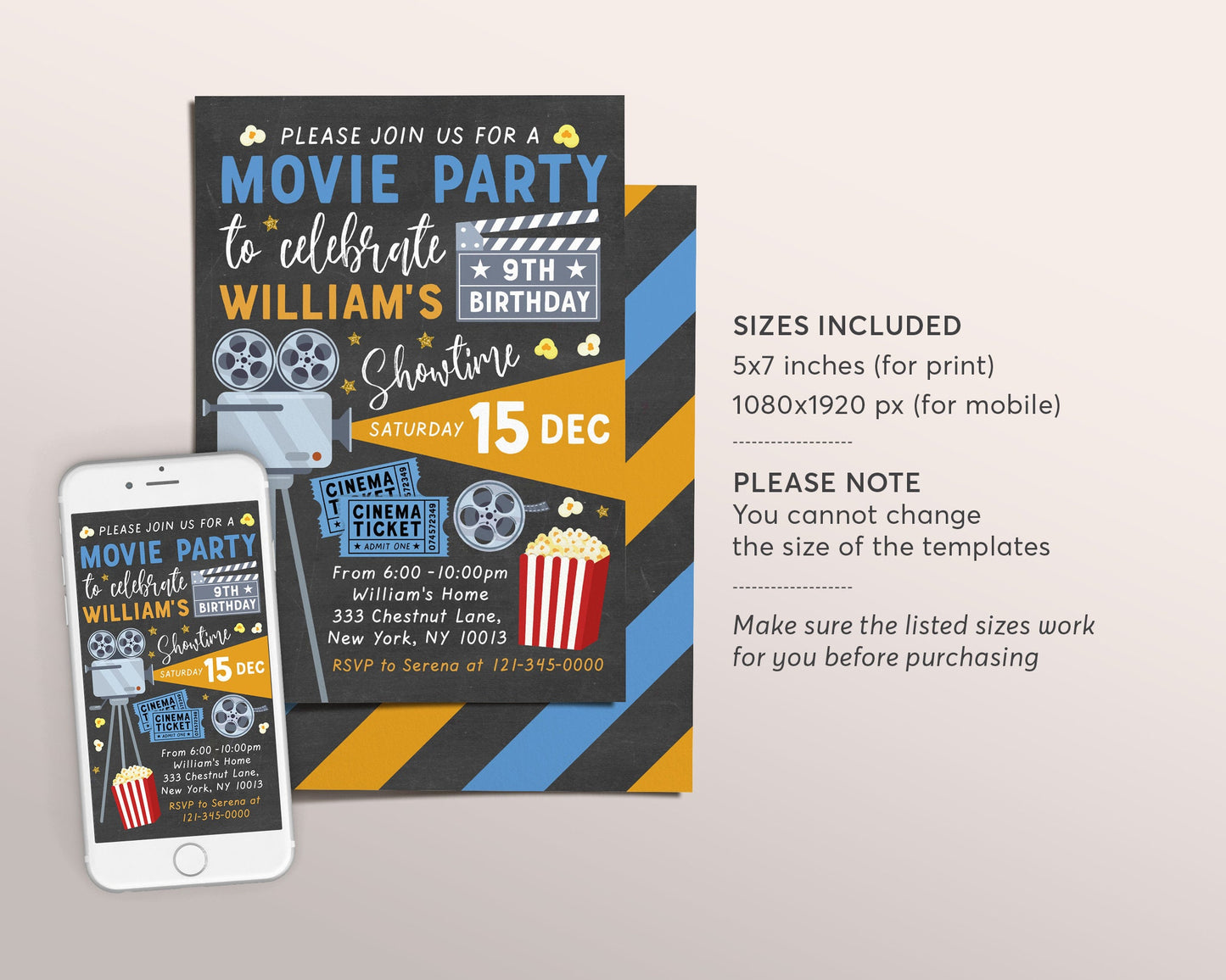 Movie Night BOY Birthday Invitation Editable Template, Cinema Hollywood Movie Theater Party Invite, Popcorn And Movies Kids Backyard Outdoor