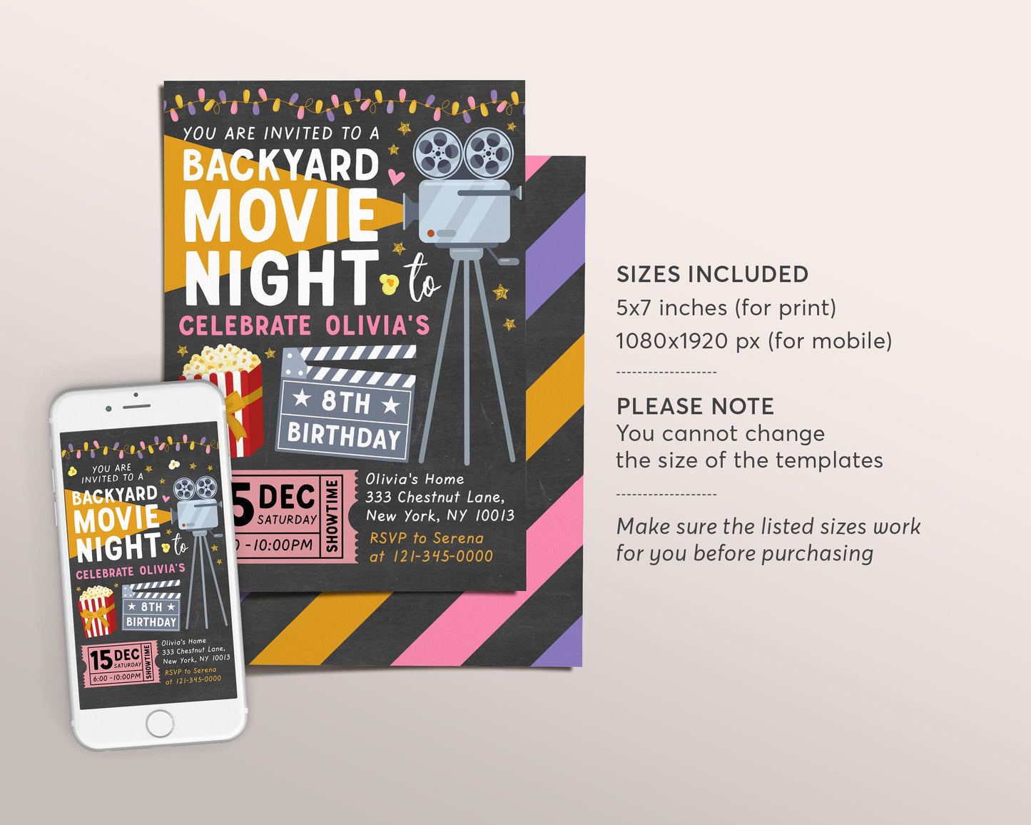 Backyard Movie Night GIRL Birthday Invitation Editable Template, Outdoor Movie Party Popcorn Sleep Over Invite, Movie Under the Stars Kids