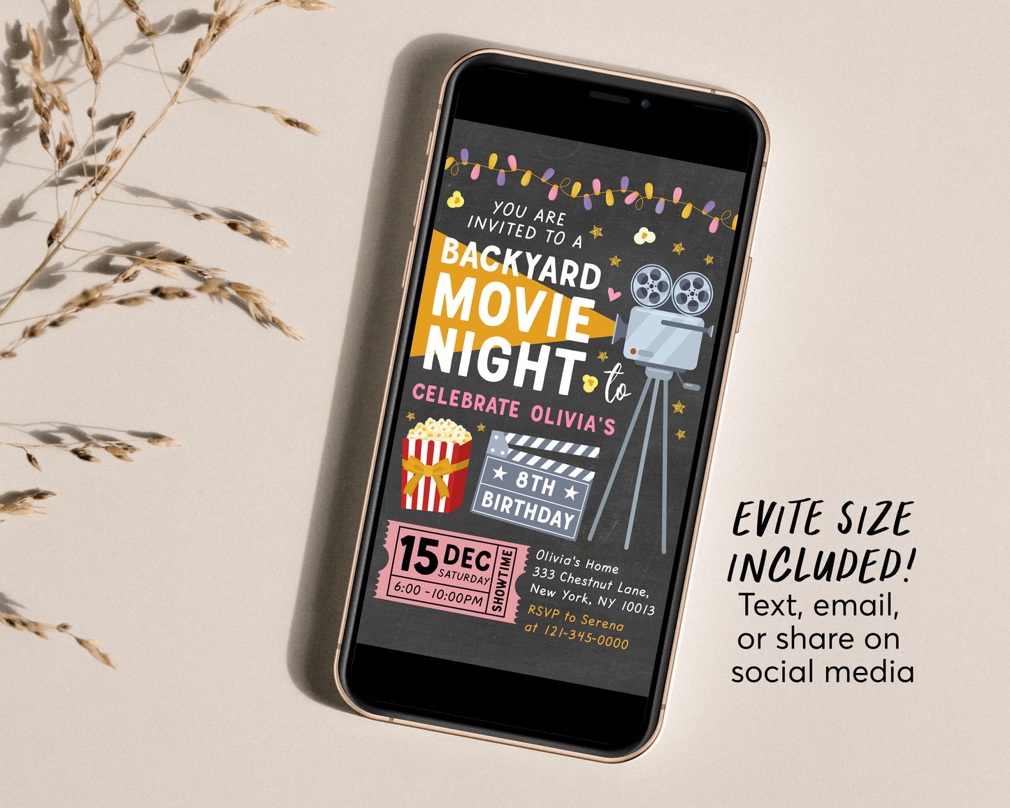 Backyard Movie Night GIRL Birthday Invitation Editable Template, Outdoor Movie Party Popcorn Sleep Over Invite, Movie Under the Stars Kids