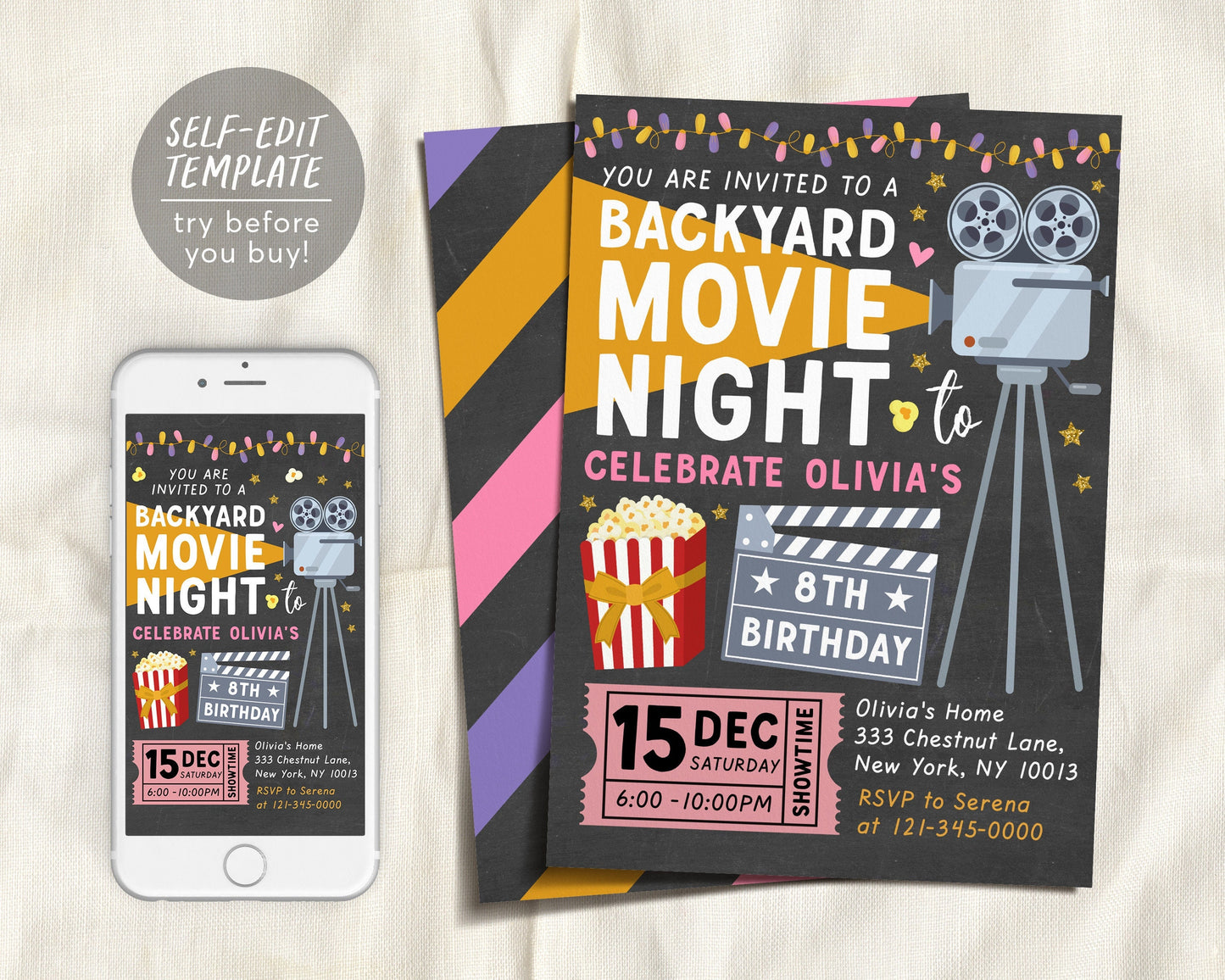 Backyard Movie Night GIRL Birthday Invitation Editable Template, Outdoor Movie Party Popcorn Sleep Over Invite, Movie Under the Stars Kids