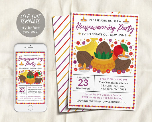 Indian Housewarming Invitation Editable Template, Griha Pravesh Gruhapravesam Invite, New Home Digital Evite, Housewarming Dinner Party