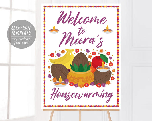 Indian Housewarming Welcome Sign Editable Template, Griha Pravesh Gruhapravesam House Warming Board Poster Decor, Instant Download