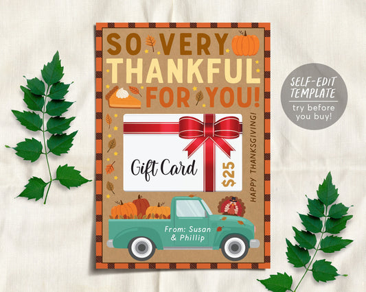So Very Thankful For You Gift Card Holder Editable Template, Thanksgiving Teacher Appreciation Holder, Co-Workers Staff Holiday Gift Ideas