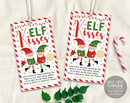 Elf Kisses Tags Editable Template, Christmas Elf Kisses Labels Printable, Christmas Holiday Classroom Treat Bag Topper, Xmas Eve Box Filler