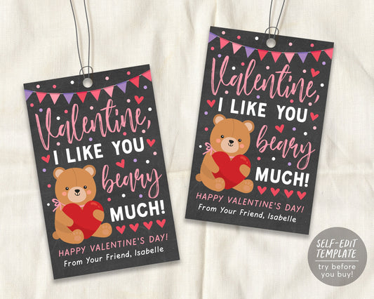 Valentine I Like You Beary Much Gift Tags Editable Template, Gummy Bear Favor Tags, Candy Beary Great Friend Treat Tag For Teacher Classroom