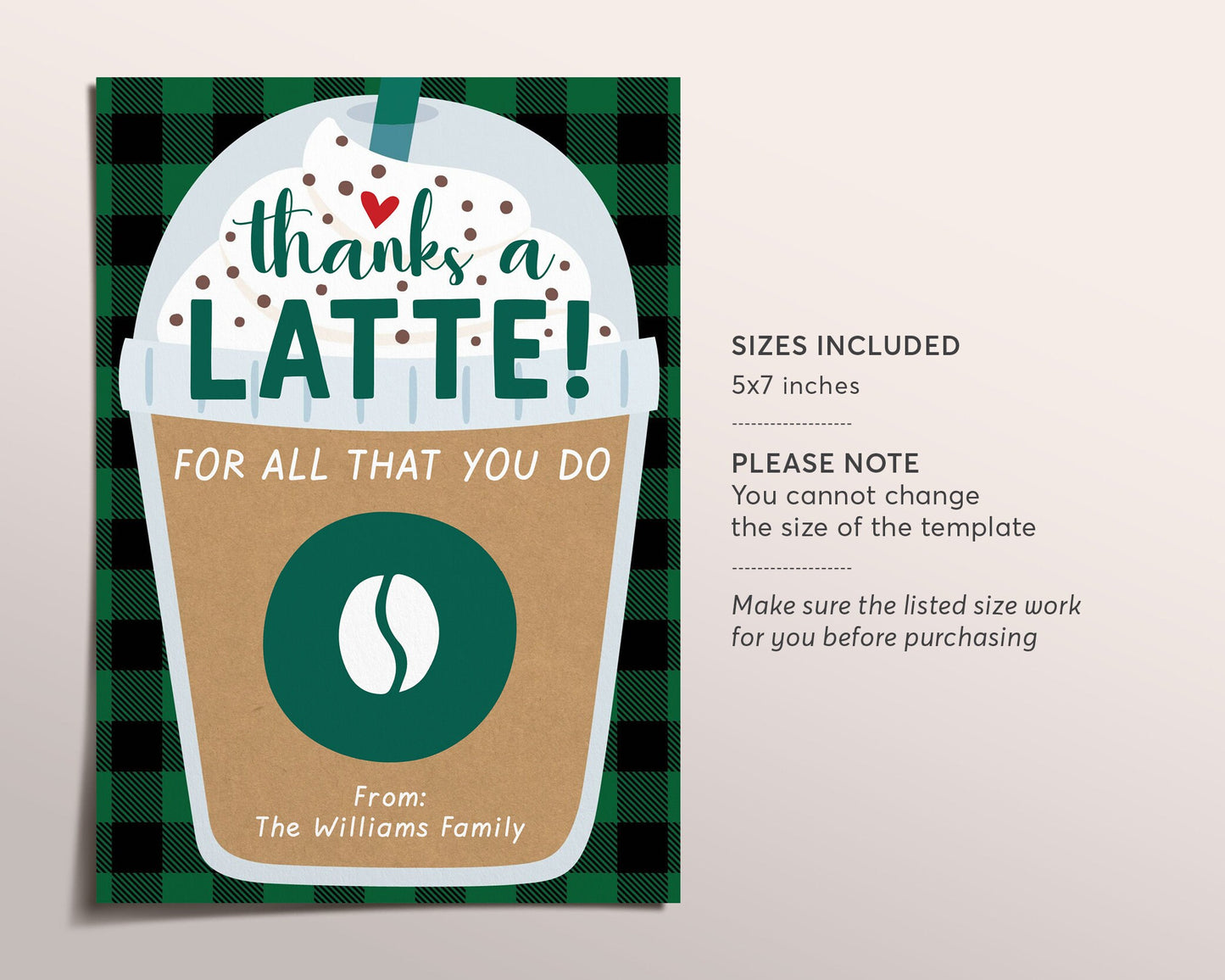 Thanks a Latte Coffee Gift Card Holder Printable Editable Template, Frappuccino Frappe Gift, Thank You Gift For Teacher Babysitter Daycare