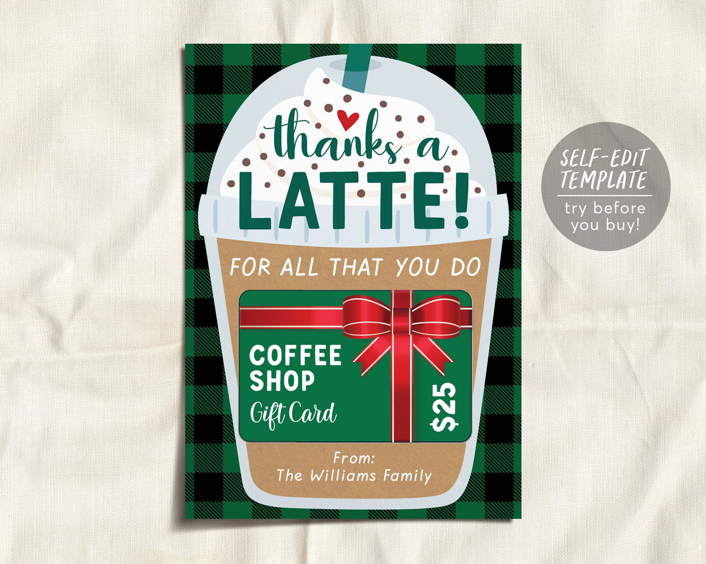 Thanks a Latte Coffee Gift Card Holder Printable Editable Template, Frappuccino Frappe Gift, Thank You Gift For Teacher Babysitter Daycare
