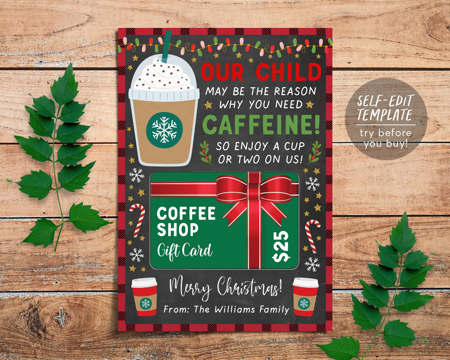 Christmas Coffee Gift Card Holder Editable Template, Holiday Funny Thank You Gift For Teacher Babysitter Gift Daycare, Thanks a Latte