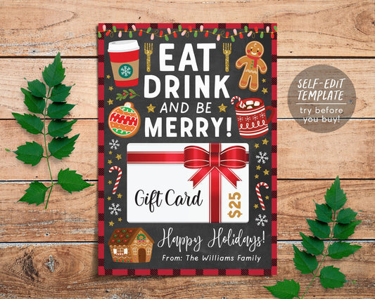 Christmas Eat Drink And Be Merry Restaurant Gift Card Holder Printable Editable Template, Coffee Holiday Thank You Gift For Teacher PTO PTA