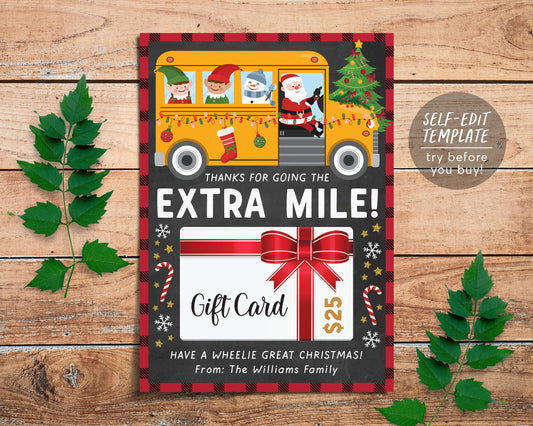 Thanks For Going The Extra Mile Gas Gift Card Holder Printable Editable Template, Xmas Holiday for School Bus Driver Teacher Mail Carrier