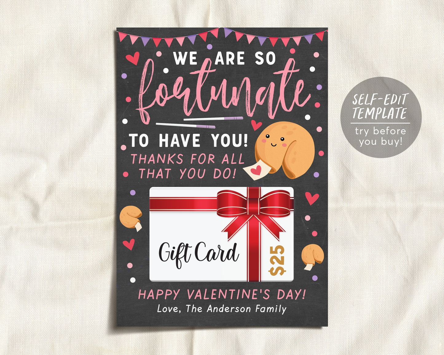 Valentine Gift Card Holder Fortune Cookie Editable Template, Chinese Food Restaurant Gift Tag, Thank You Gift For Babysitter Daycare