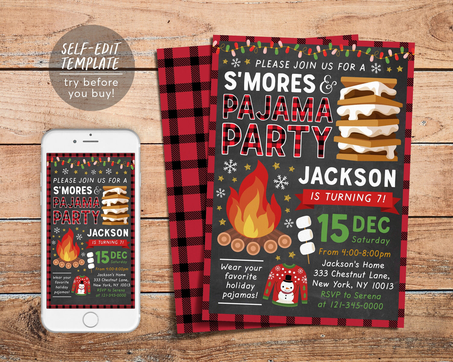 Christmas S'mores And Pajama Birthday Invitation Editable Template, Smores Camping Party Kids Xmas Holiday Invite Kids PJs Sleepover Bonfire