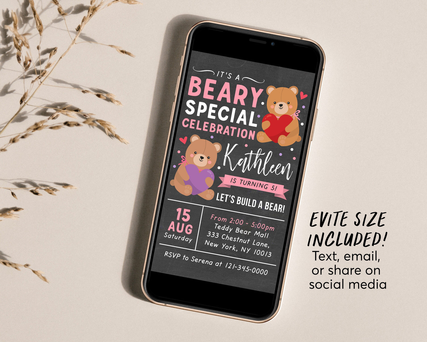 Teddy Bear GIRL Birthday Invitation Editable Template, Build A Bear Party Invite Printable, Adopt A Bear Chalkboard Evite, Beary First