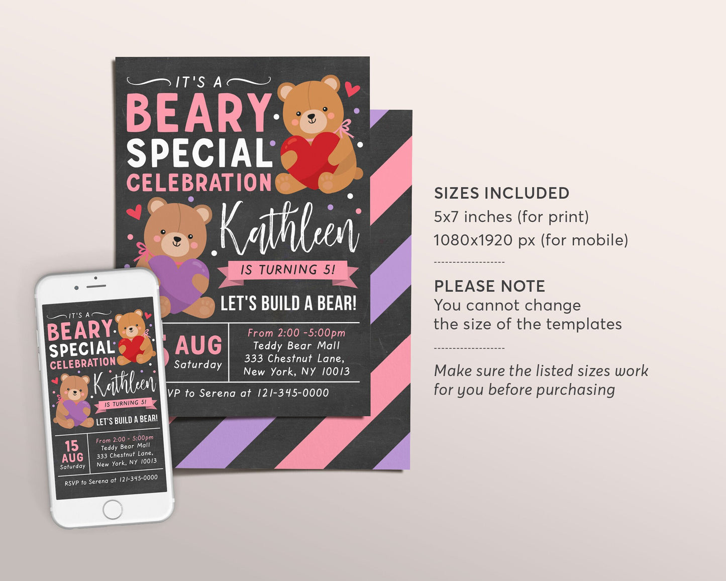 Teddy Bear GIRL Birthday Invitation Editable Template, Build A Bear Party Invite Printable, Adopt A Bear Chalkboard Evite, Beary First