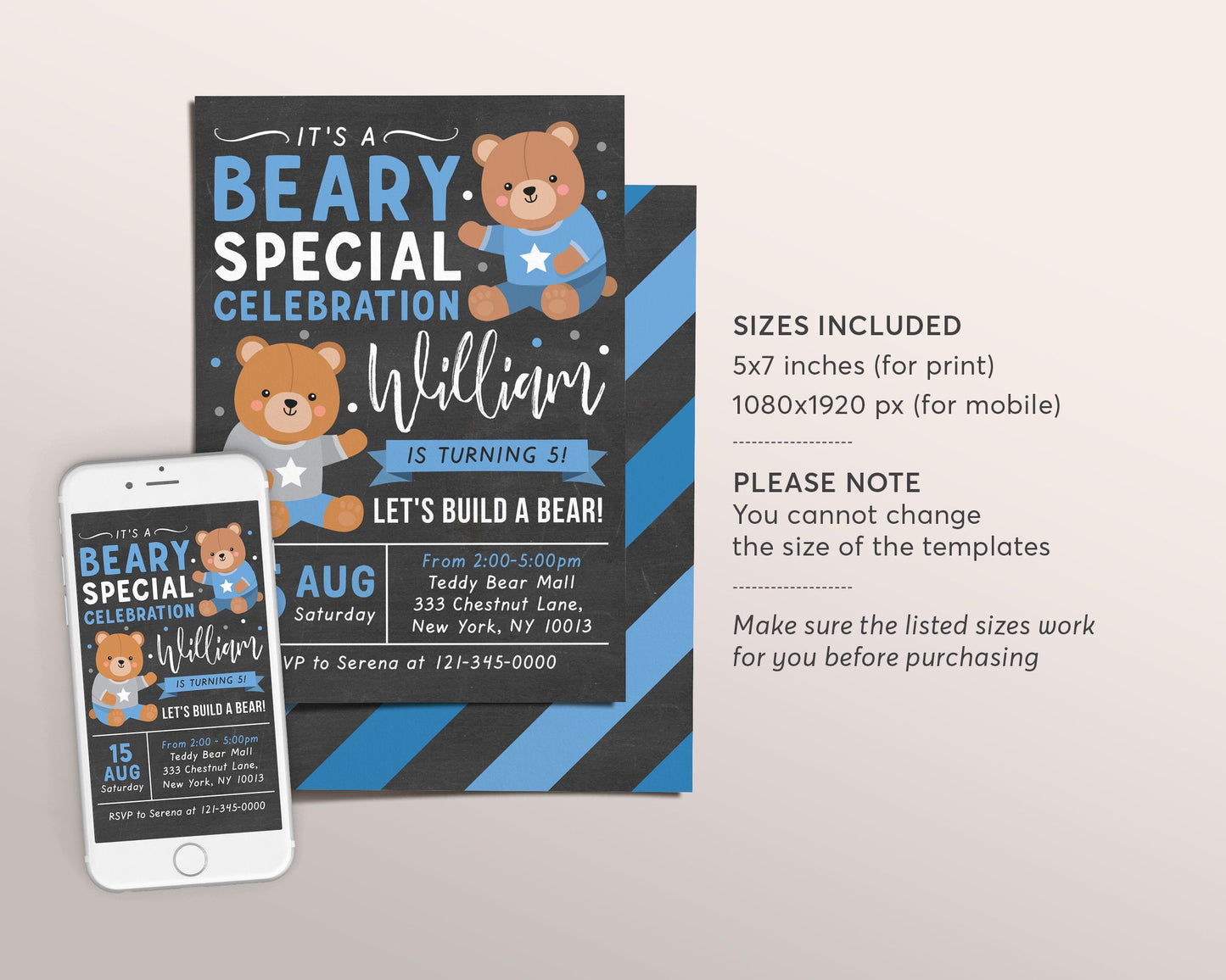 Teddy Bear BOY Birthday Invitation Editable Template, Build A Bear Party Invite Printable, Adopt A Bear Chalkboard Evite, Beary First