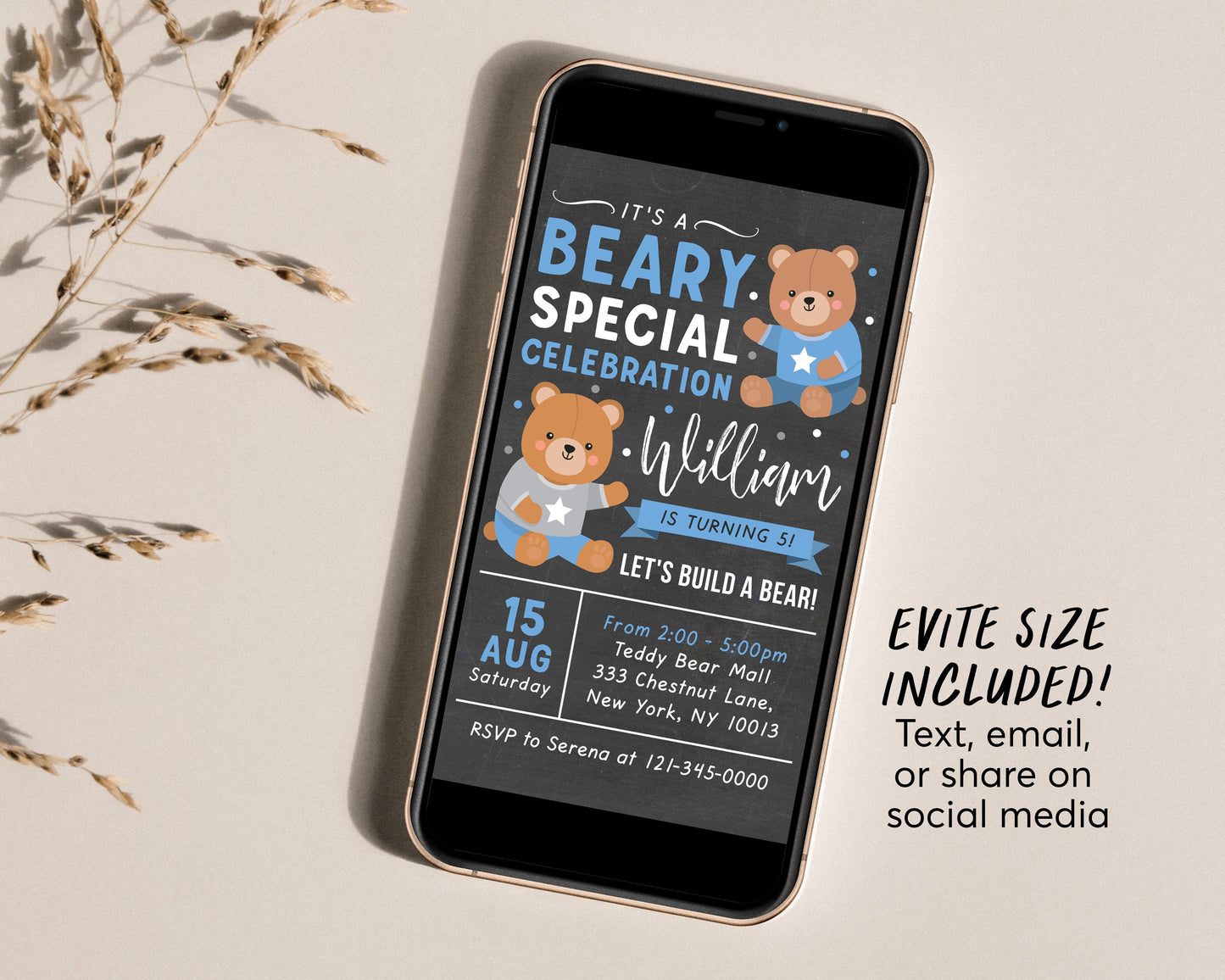 Teddy Bear BOY Birthday Invitation Editable Template, Build A Bear Party Invite Printable, Adopt A Bear Chalkboard Evite, Beary First