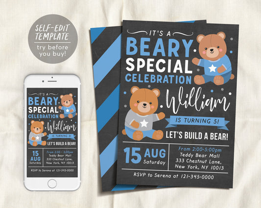 Teddy Bear BOY Birthday Invitation Editable Template, Build A Bear Party Invite Printable, Adopt A Bear Chalkboard Evite, Beary First