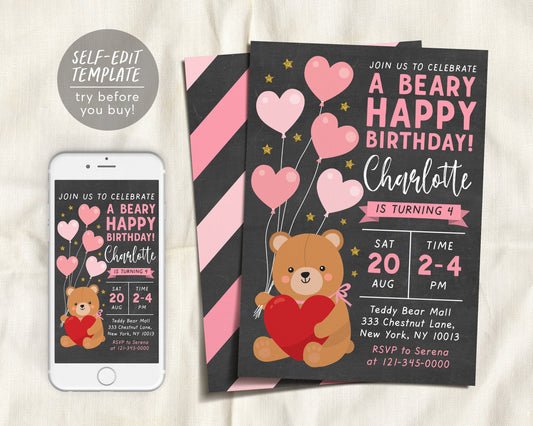 Cute Teddy Bear GIRL Birthday Invitation Editable Template, Heart Balloons Beary Happy Birthday Invite Printable, Build A Bear Party Evite